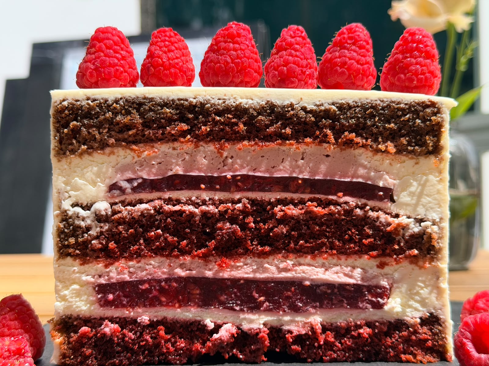 Raspberry chocolate layer cake